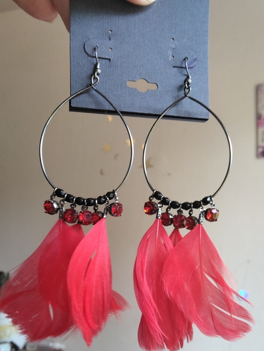 Feather Hoop Drop Earrings with Red Crystals - Women Jewelry